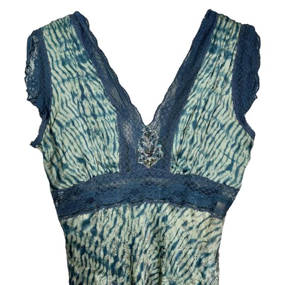 Vintage Y2K Tie Dye Embellished Silk Slip Dress Medium Blue Beaded 2000s Lace - Picture 2 of 9
